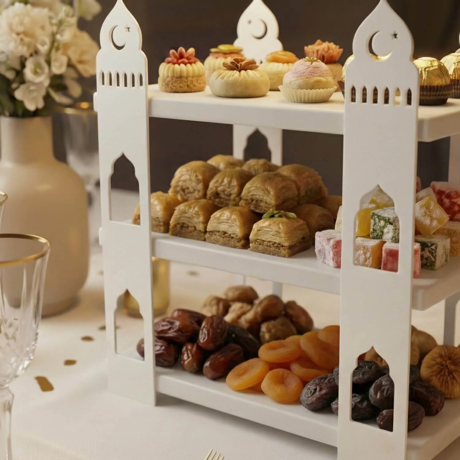 3-Tier Mosque Serving Stand – Metal & Wood Ramadan Dessert Tower - Image 12