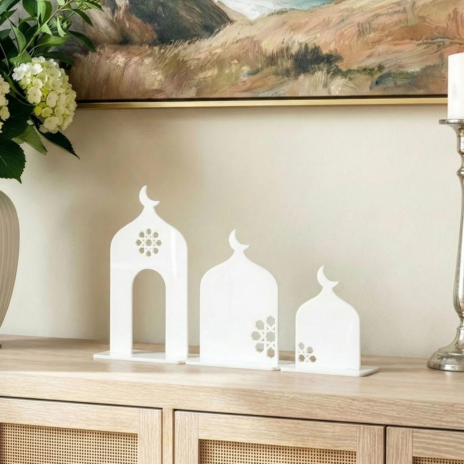Three-Piece Set Acrylic Mosque Silhouette Stand – Modern Islamic Table Decor & Ramadan Gift - Image 3