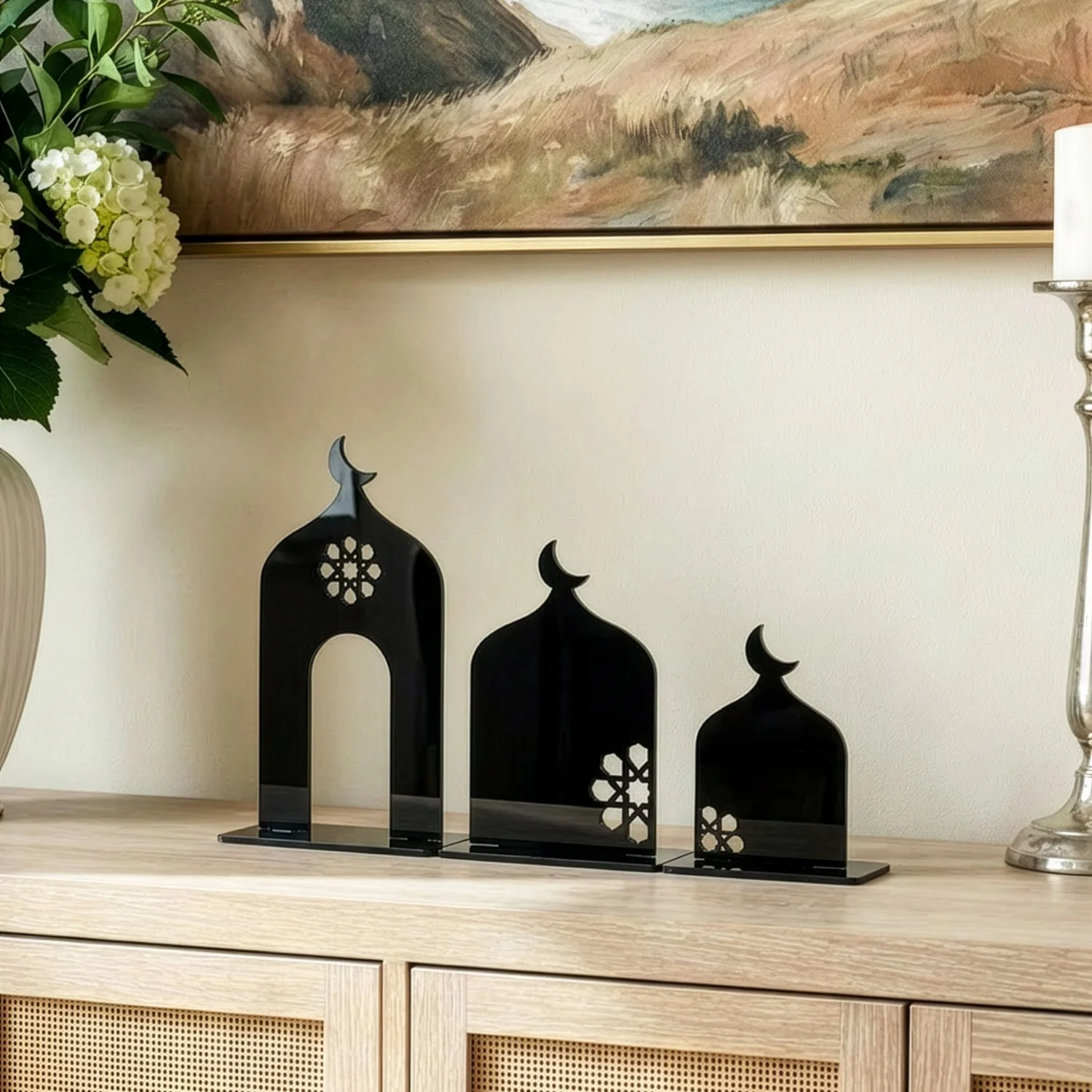 Three-Piece Set Acrylic Mosque Silhouette Stand – Modern Islamic Table Decor & Ramadan Gift - Image 4