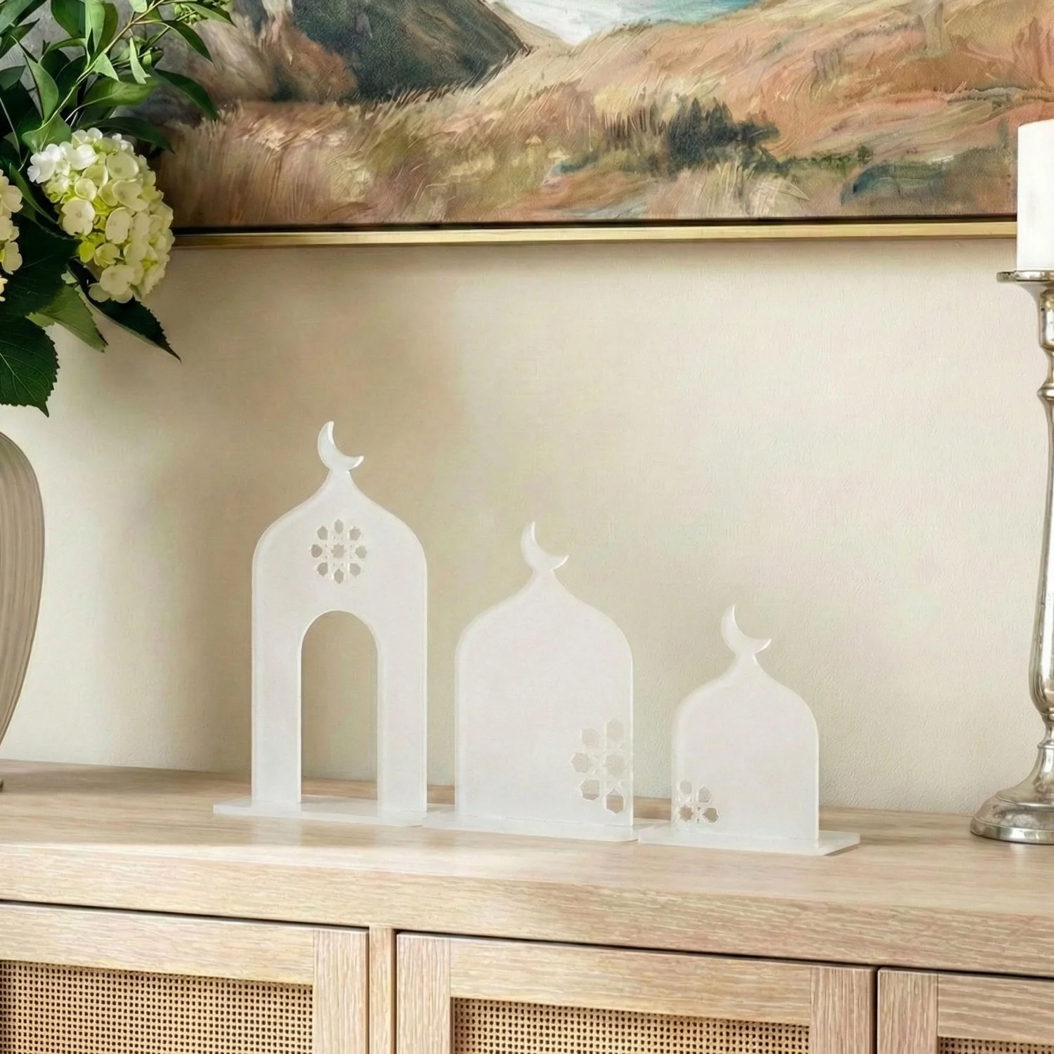 Three-Piece Set Acrylic Mosque Silhouette Stand – Modern Islamic Table Decor & Ramadan Gift - Image 5