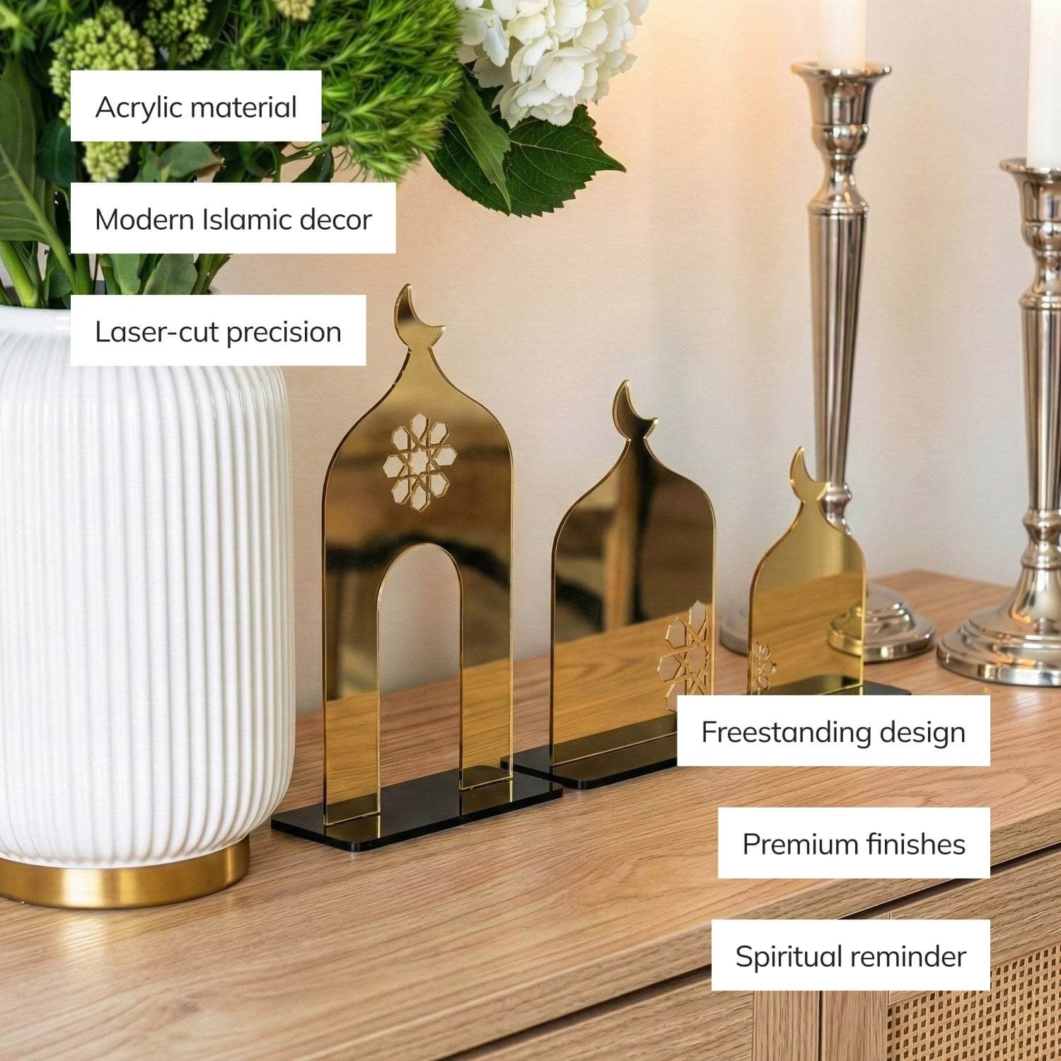 Three-Piece Set Acrylic Mosque Silhouette Stand – Modern Islamic Table Decor & Ramadan Gift - Image 8