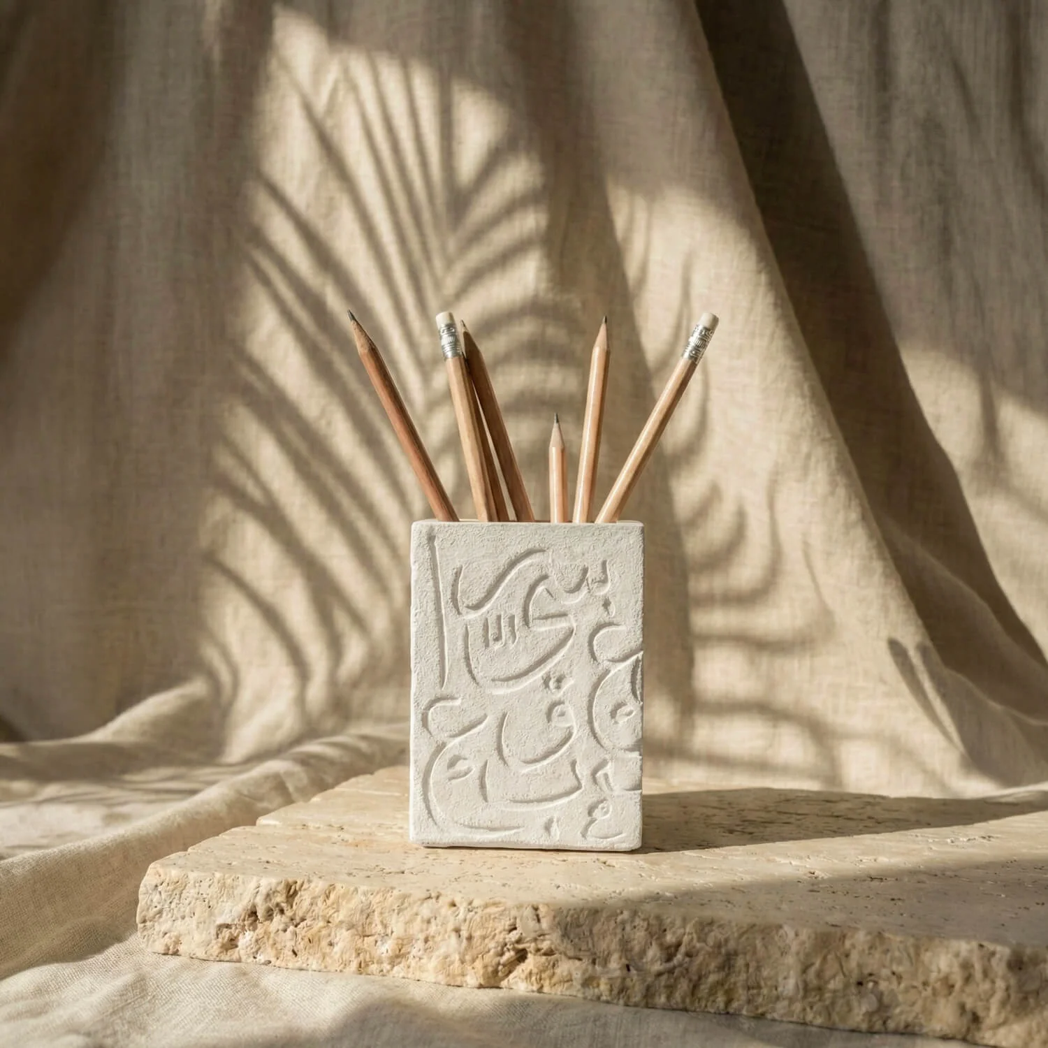 Arabic Letters Stone Cast Pencil Holder – Modern Calligraphy Desktop Organizer - Image 3