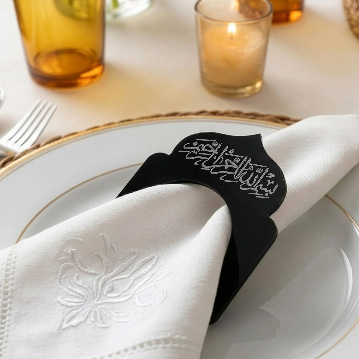 Basmala Dome Acrylic Napkin Rings – Thuluth Script Islamic Table Decor - Image 2