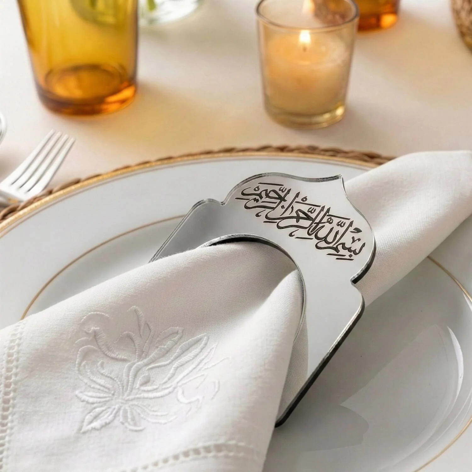 Basmala Dome Acrylic Napkin Rings – Thuluth Script Islamic Table Decor - Image 3