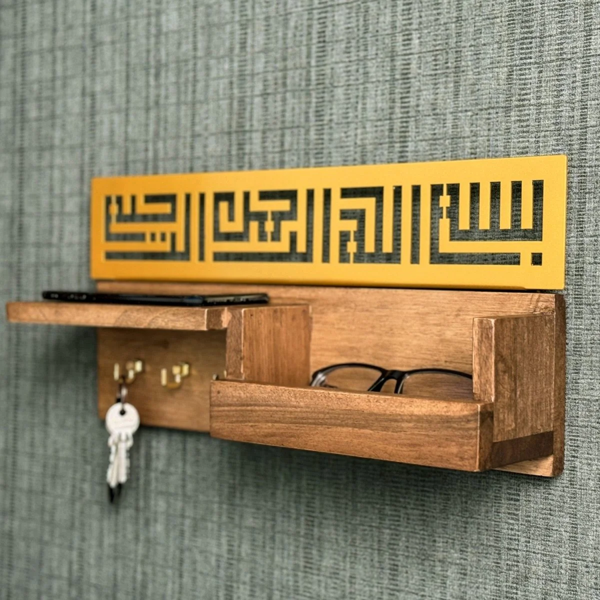Wood Bismillah Entryway Key Holder - Basmala Kufic Calligraphy Home Decor - Image 6