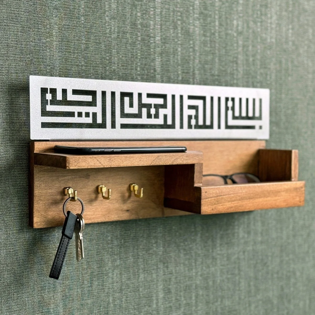 Wood Bismillah Entryway Key Holder - Basmala Kufic Calligraphy Home Decor - Image 7