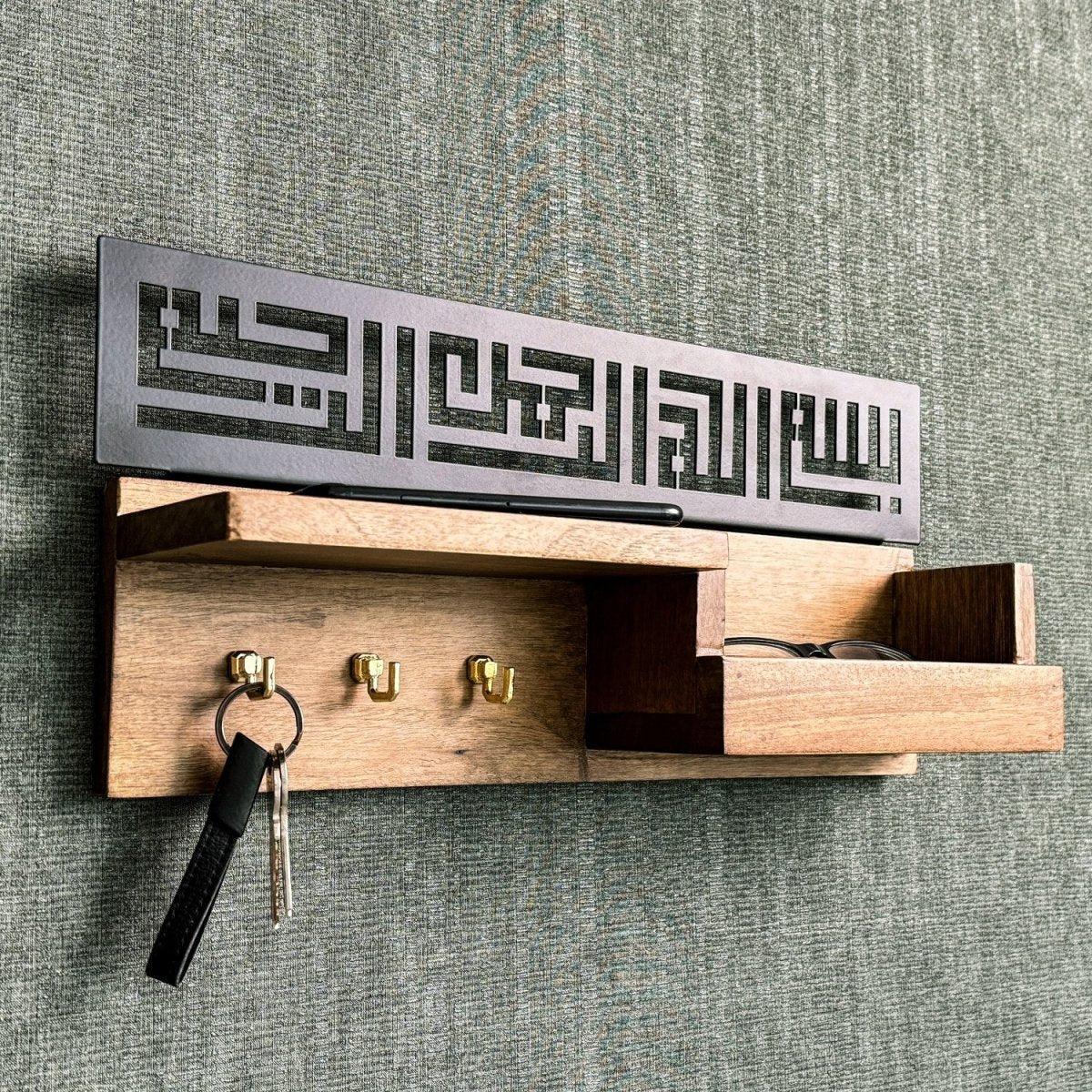 Wood Bismillah Entryway Key Holder - Basmala Kufic Calligraphy Home Decor - Image 9