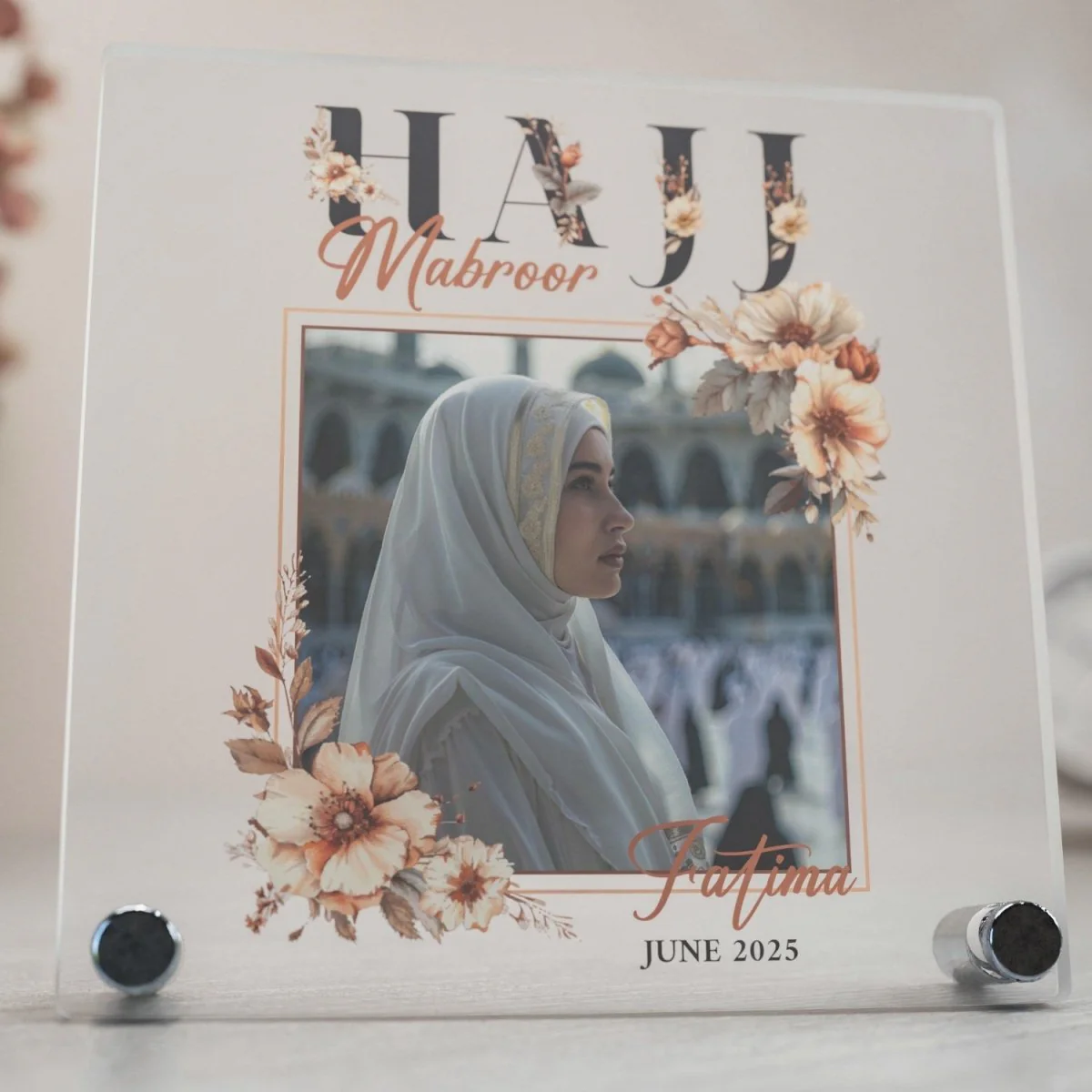 Hajj Mabroor Square Table Decor – Customizable Memory of Hajj