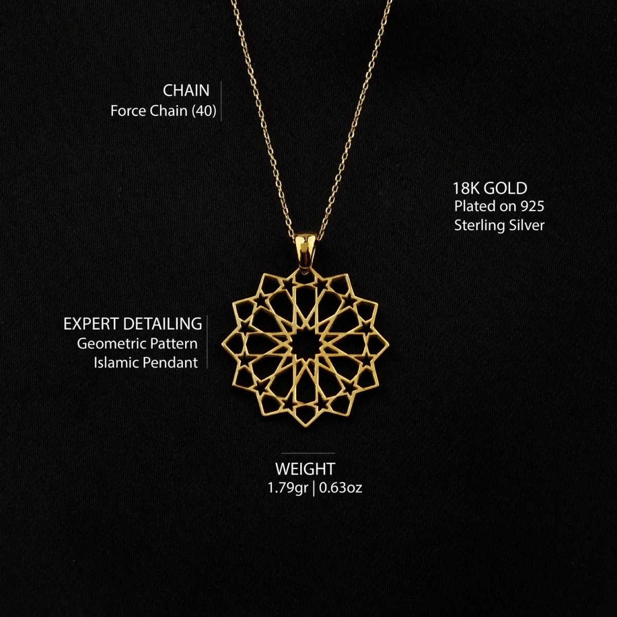 Muslim Jewelry - Islamic Geometric Pattern, 18K Gold Plated Silver Pendant - Image 4