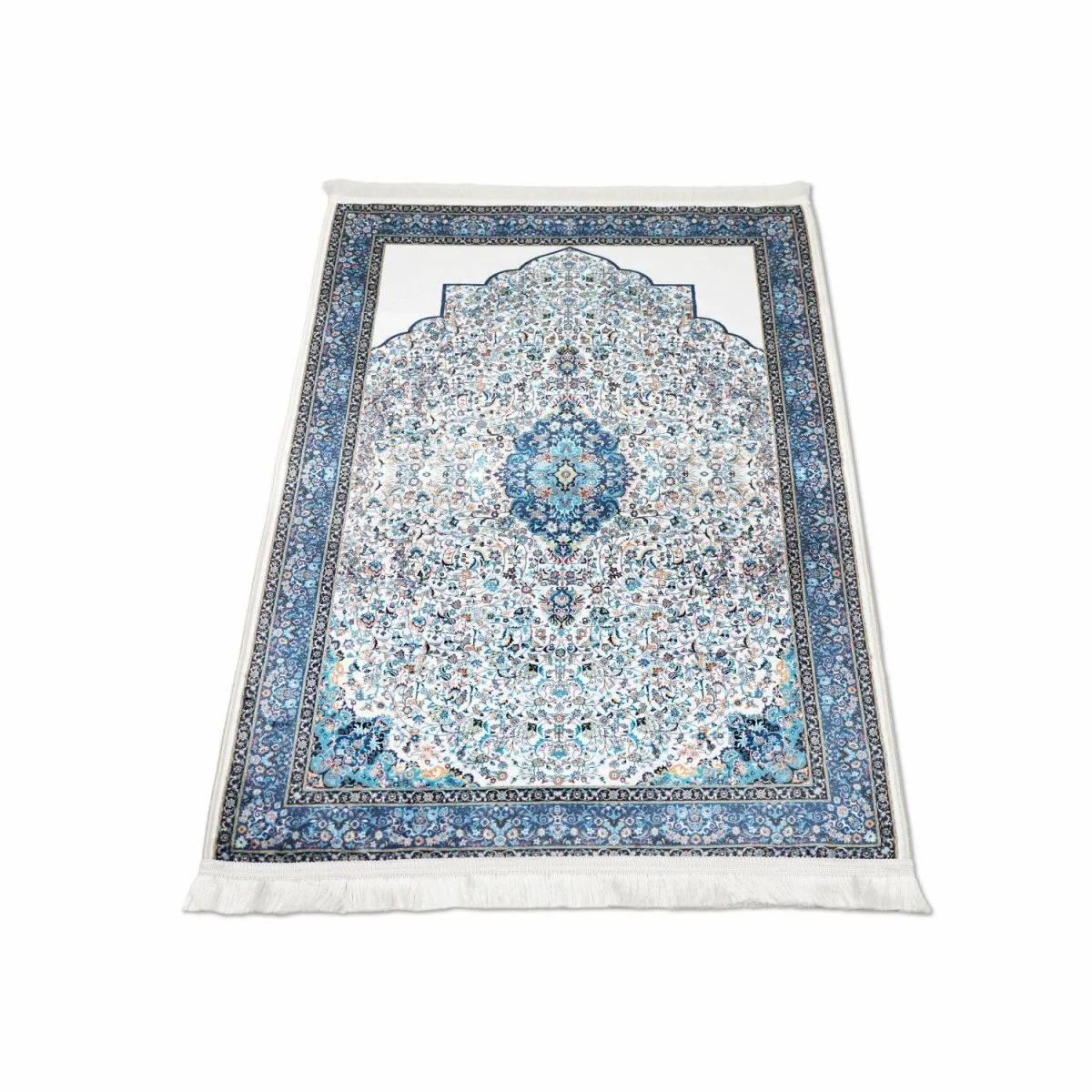 Islamic Prayer Mat White & Blue Classic Ornate - Image 4