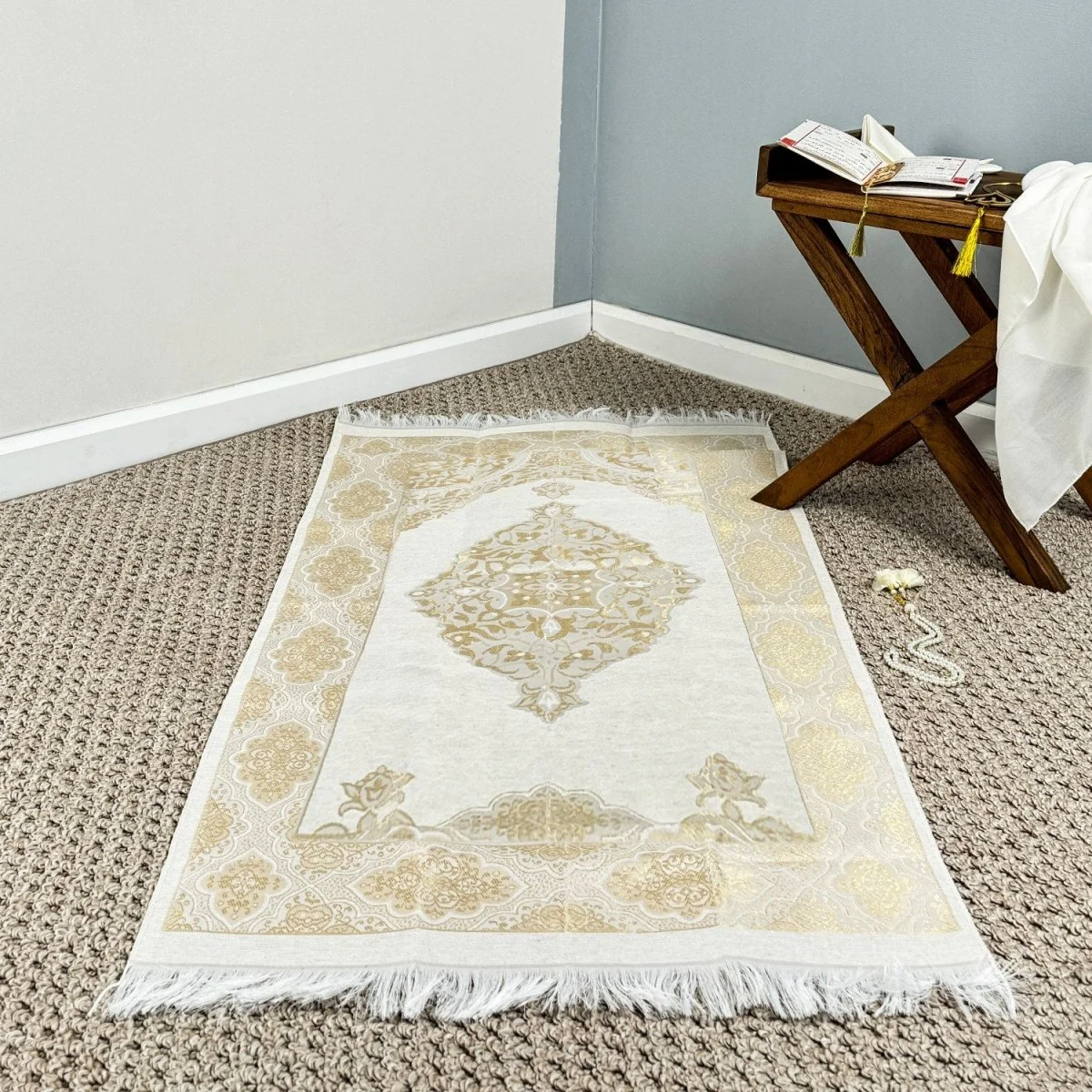 Islamic Prayer Rug Mat, Cream Color Prayer Set - Image 10