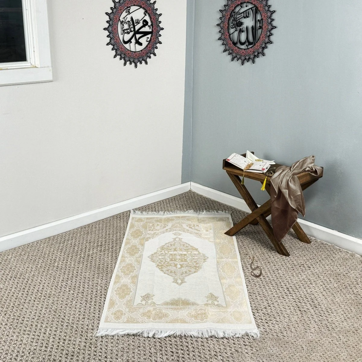 Islamic Prayer Rug Mat, Cream Color Prayer Set - Image 9