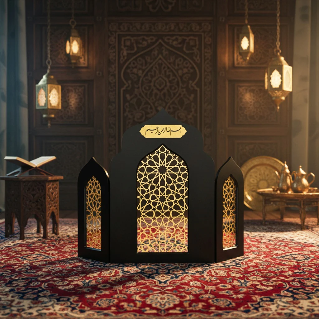 Islamic Triple Foldable Wooden Mihrab – Masterpiece Prayer Room Decor - Image 11