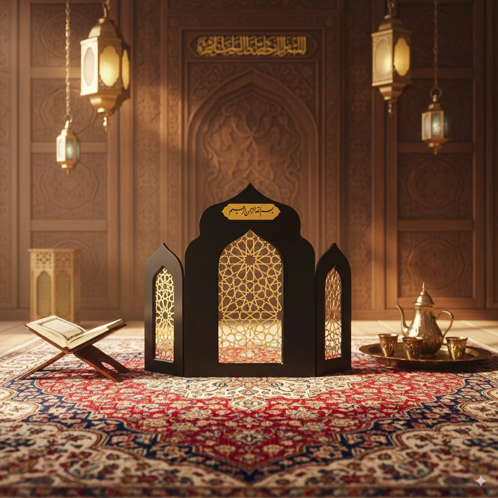 Islamic Triple Foldable Wooden Mihrab – Masterpiece Prayer Room Decor - Image 3