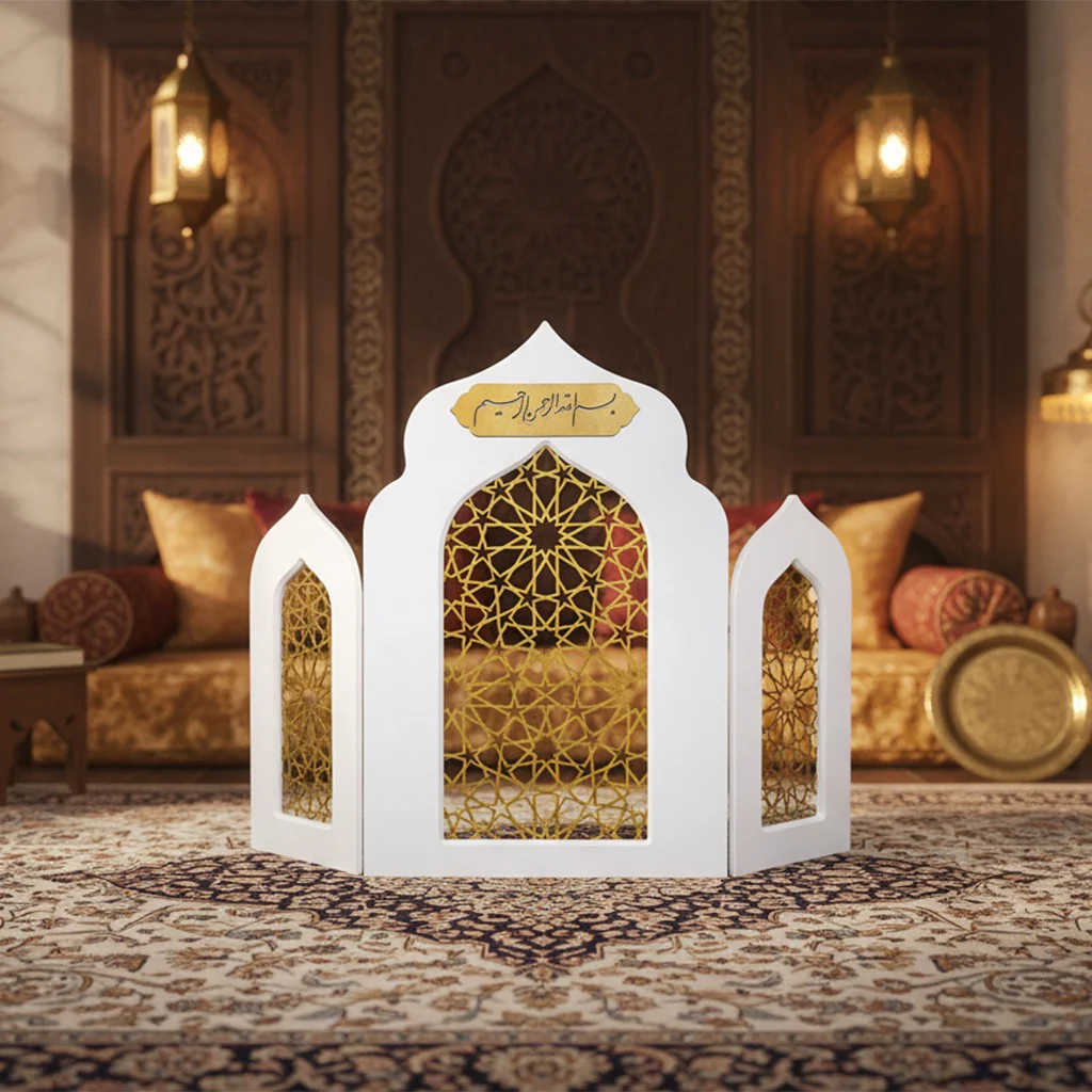 Islamic Triple Foldable Wooden Mihrab – Masterpiece Prayer Room Decor - Image 4