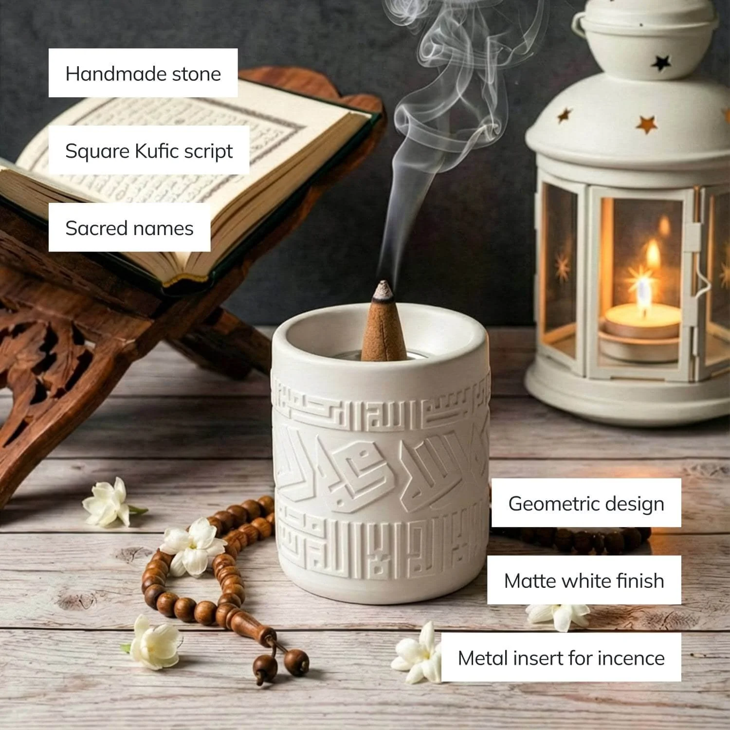 Kufic Stone Incense Burner (Mabkhara) – Handmade Allah(SWT) & Mohammed (PBUH) Calligraphy Decor - Image 5