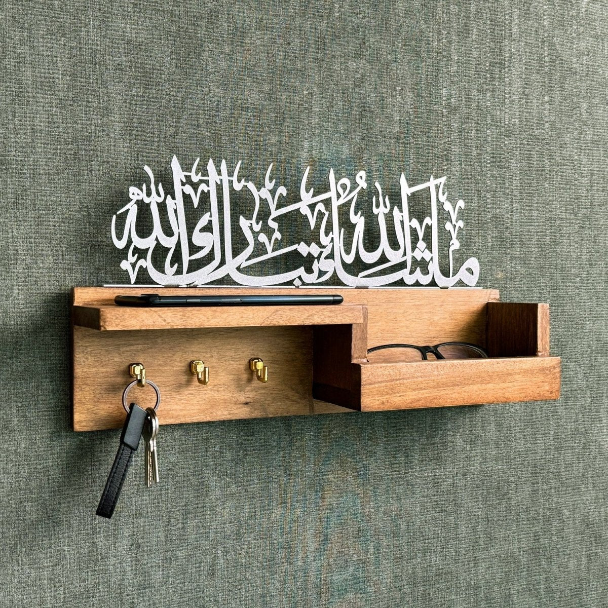 Islamic Key Holder & Mail Shelf | Mashallah Tabarakallah - Wooden Wall Decor - Image 5
