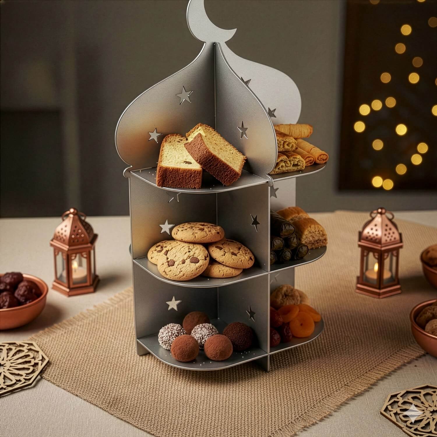Metal Minaret Serving Stand – Ramadan Iftar Date & Sweet Tray - Image 23