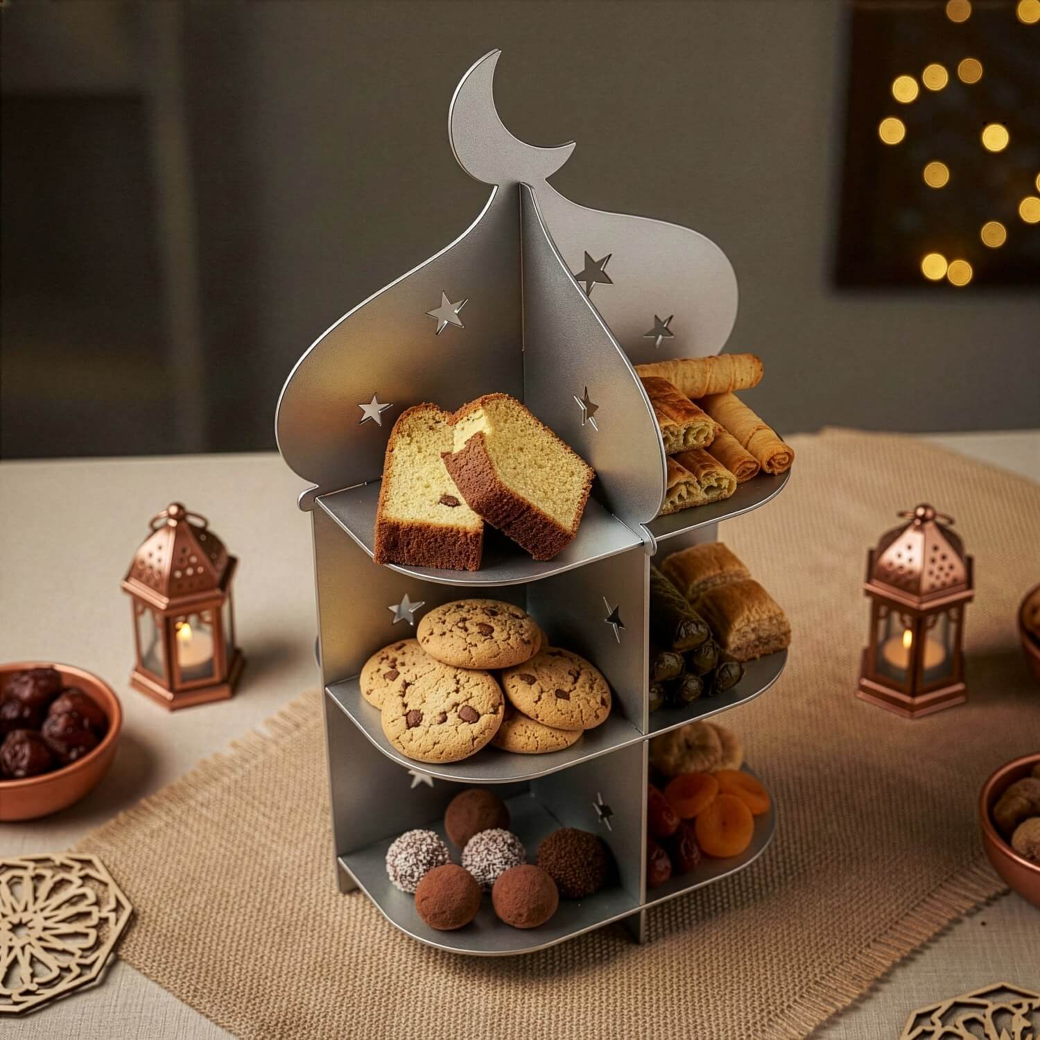Metal Minaret Serving Stand – Ramadan Iftar Date & Sweet Tray - Image 24