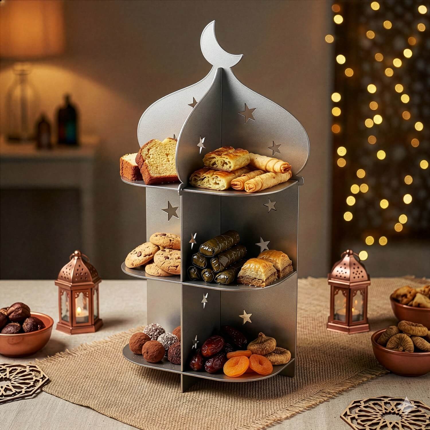Metal Minaret Serving Stand – Ramadan Iftar Date & Sweet Tray - Image 4
