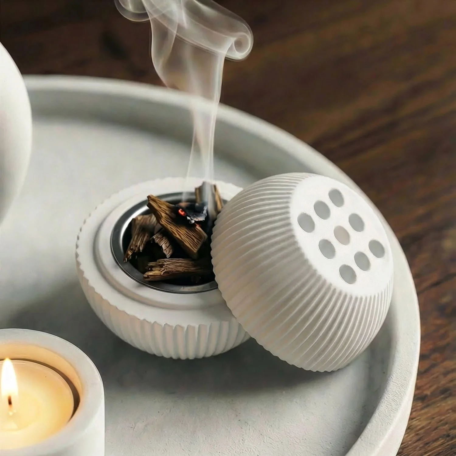 Modern Minimalist 2-Piece Stone Incense Burner – Closable Geometric Mabkhara - Image 3