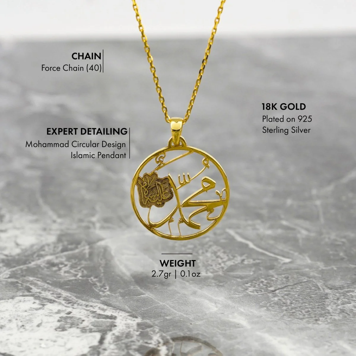 Muhammad Written Muslim Jewelry - 18K Gold Plated Silver Pendant - Image 5