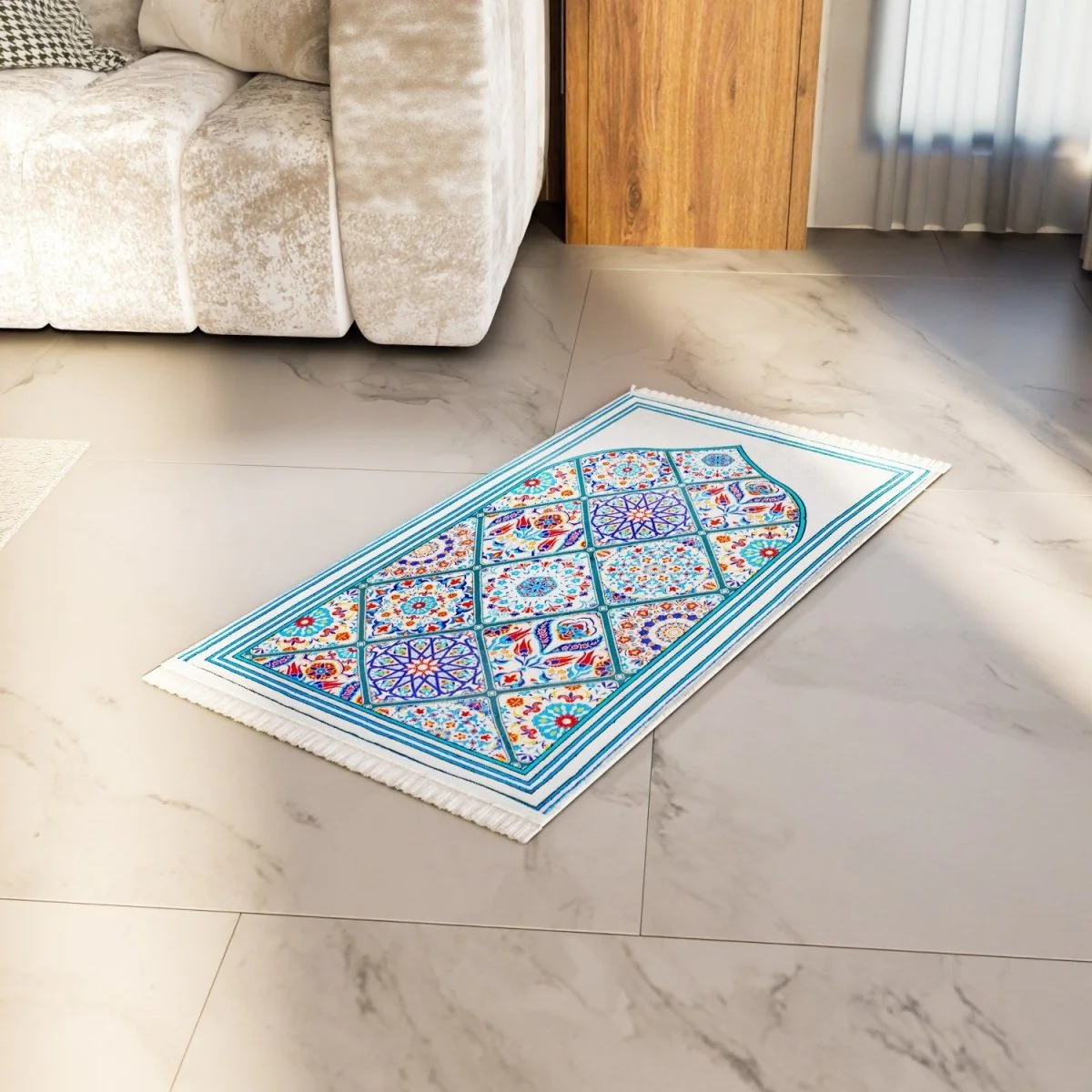 Muslim Prayer Mat - Blue & Green Mosaic Design - Image 3