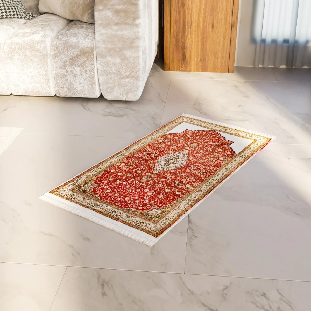 Muslim Prayer Rug with Deep Red Floral Patterns - Image 3