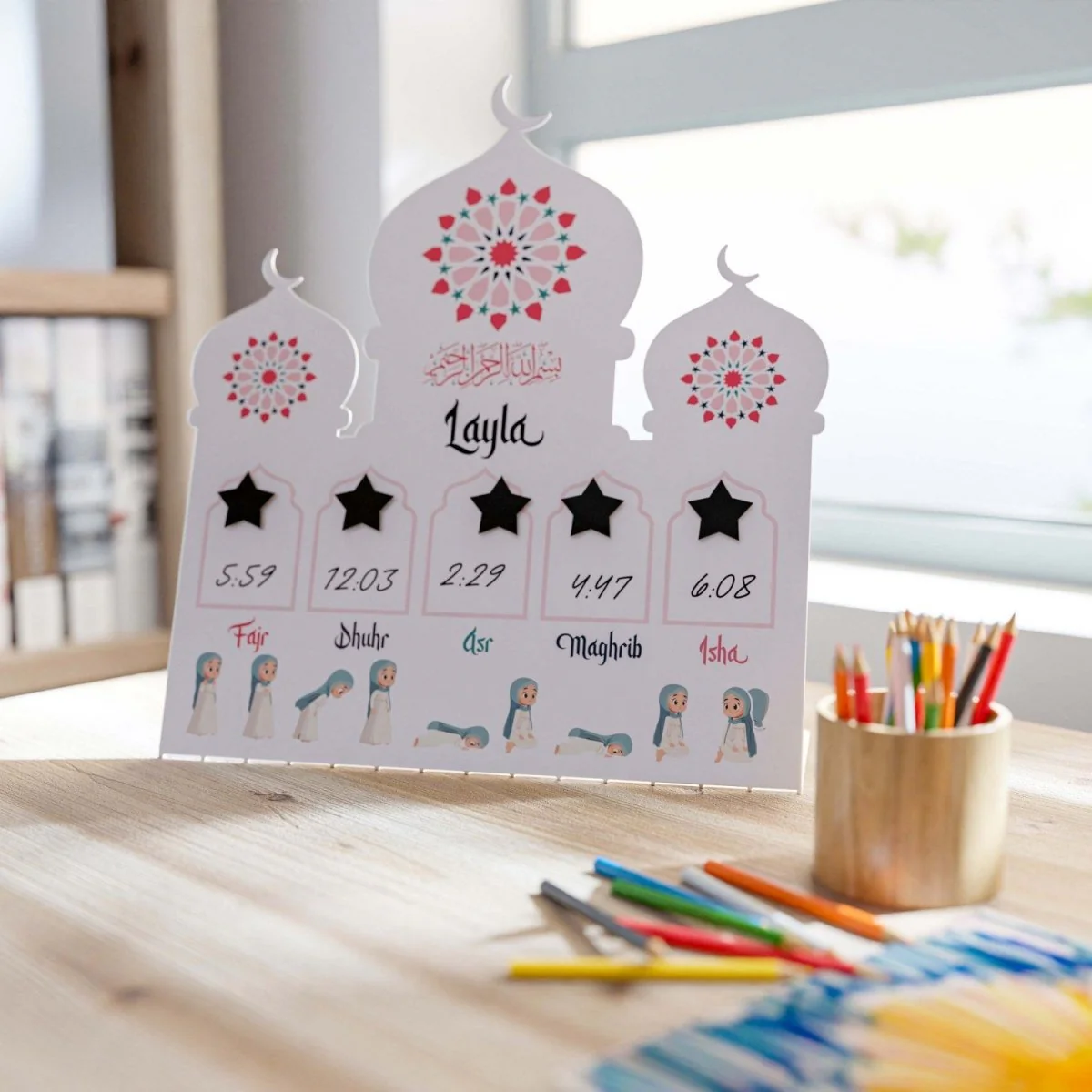 Prayer Schedule Decor for Kids - Metal Islamic Table Art, Name Customization - Image 16