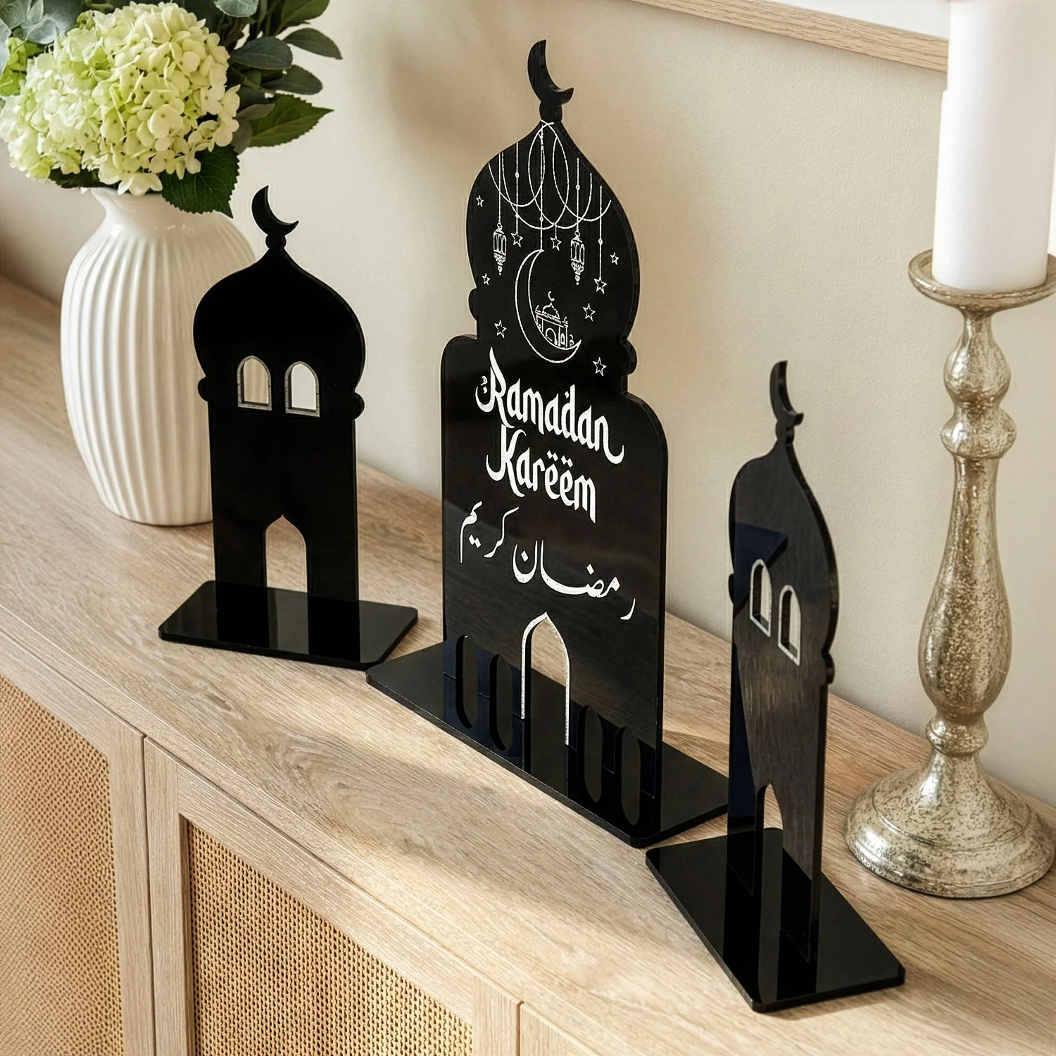 Ramadan Kareem Acrylic Mosque Table Decor Set – Modern Black & White Centerpiece - Image 2