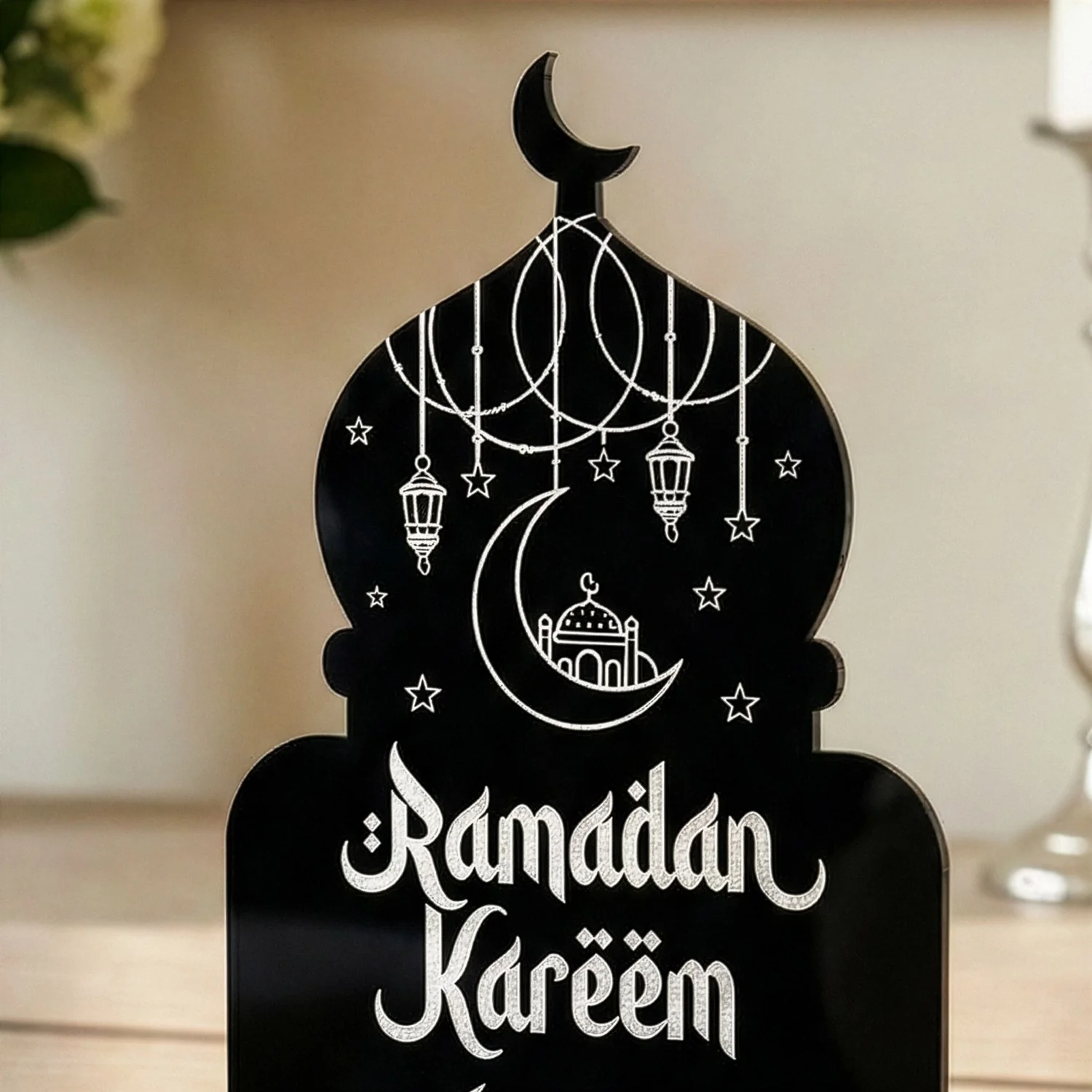 Ramadan Kareem Acrylic Mosque Table Decor Set – Modern Black & White Centerpiece - Image 6