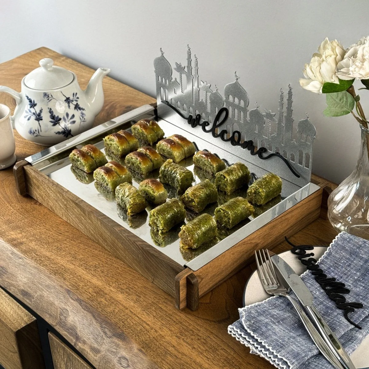 Ramadan Serving Tray - Solid Walnut Wood & Metal Islamic Tray - Image 11