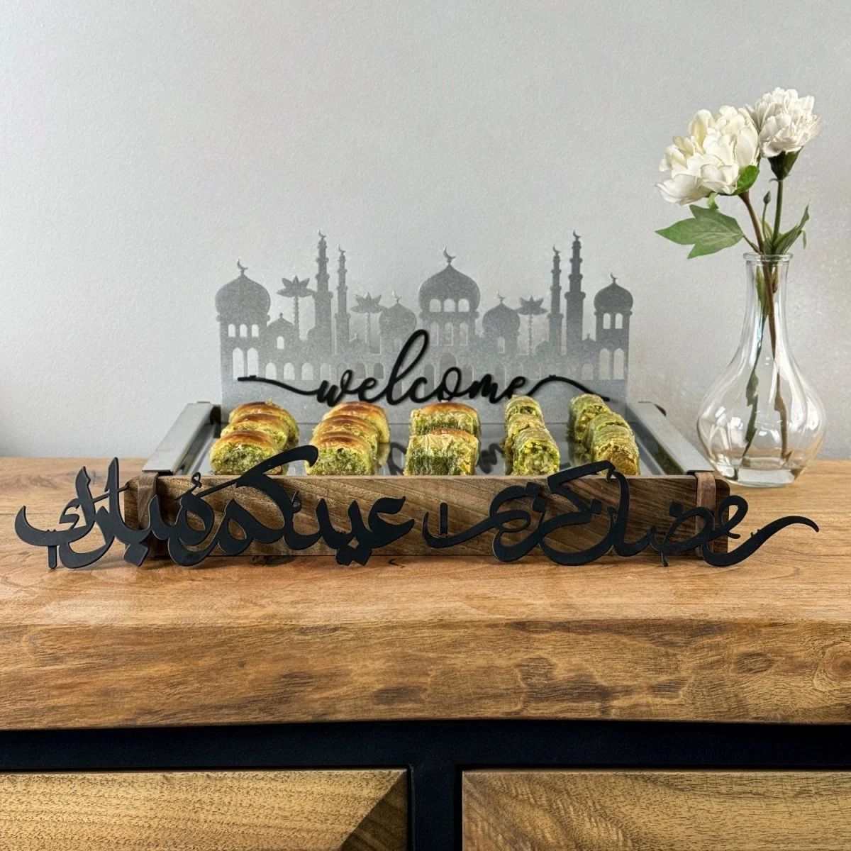Ramadan Serving Tray - Solid Walnut Wood & Metal Islamic Tray - Image 12