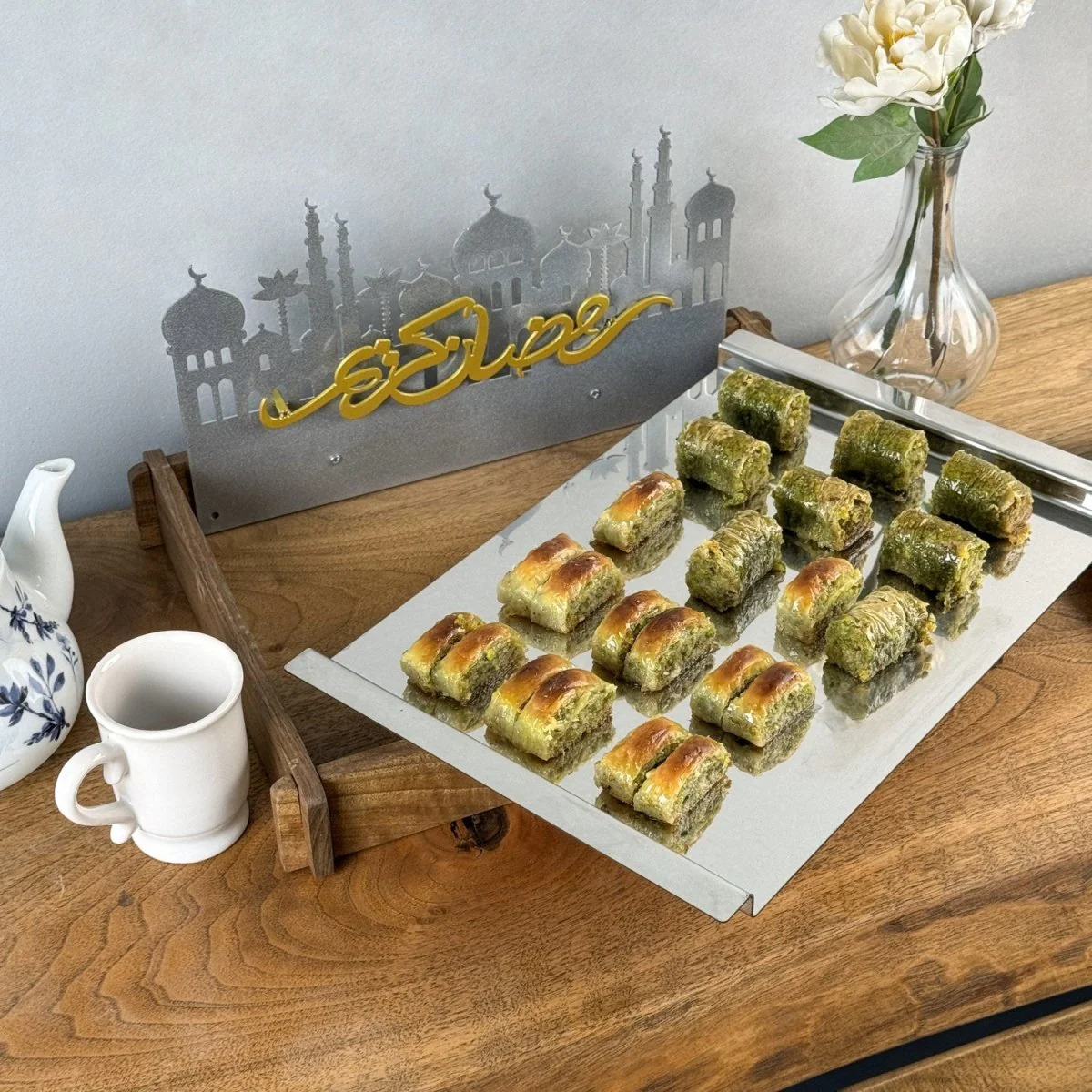Ramadan Serving Tray - Solid Walnut Wood & Metal Islamic Tray - Image 13