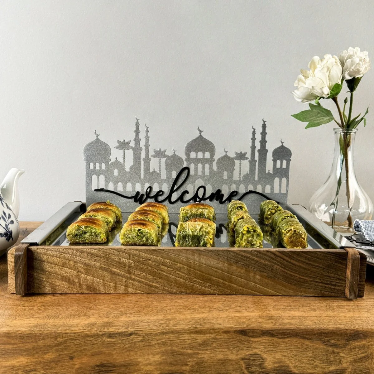 Ramadan Serving Tray - Solid Walnut Wood & Metal Islamic Tray - Image 7