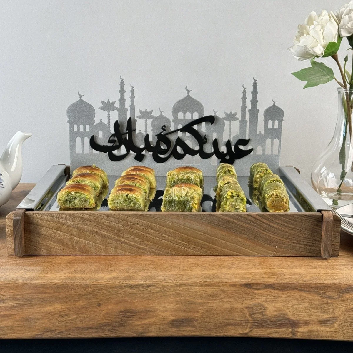 Ramadan Serving Tray - Solid Walnut Wood & Metal Islamic Tray - Image 8