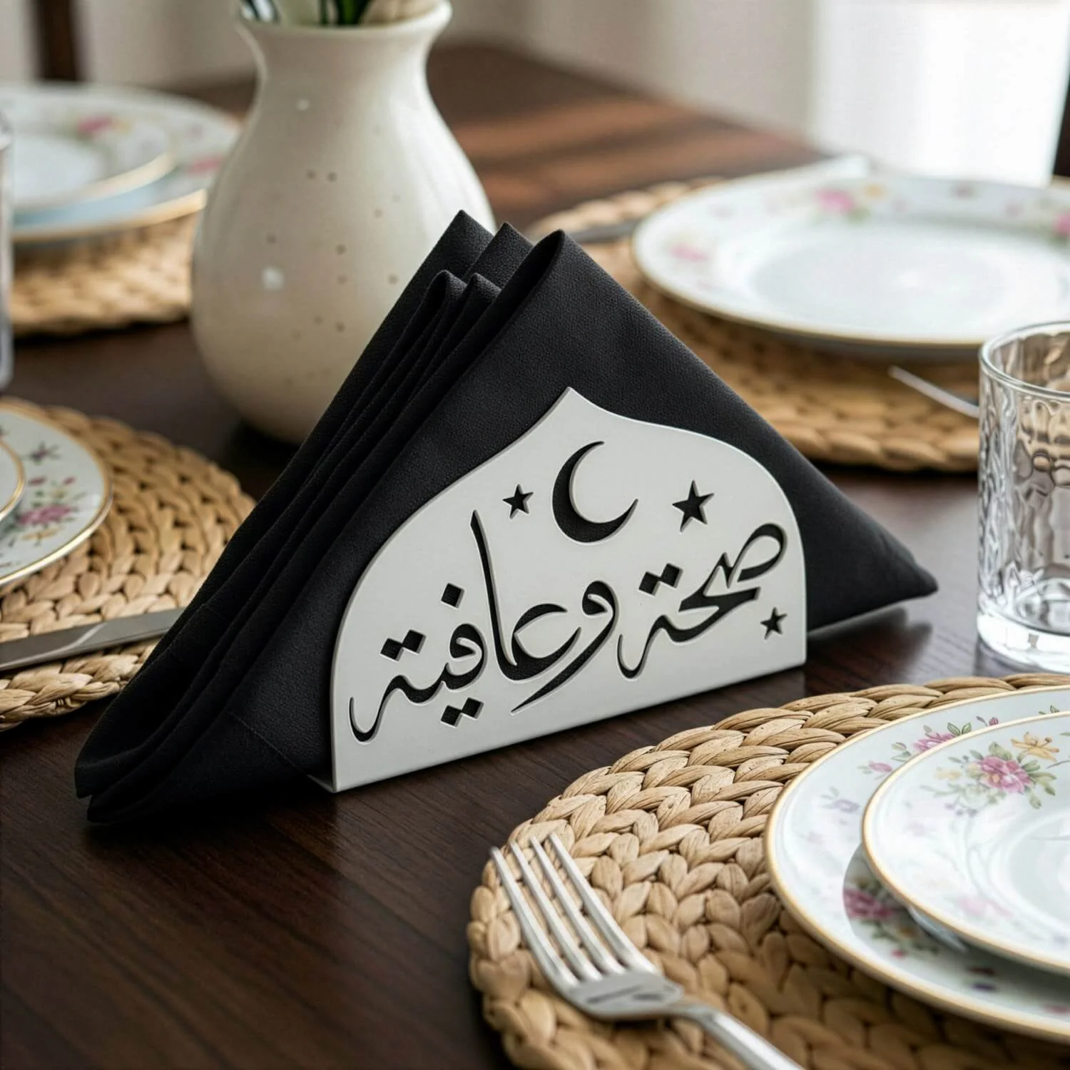 Saha w Afia Metal Napkin Holder – Arabic Calligraphy Table Decor - Image 3