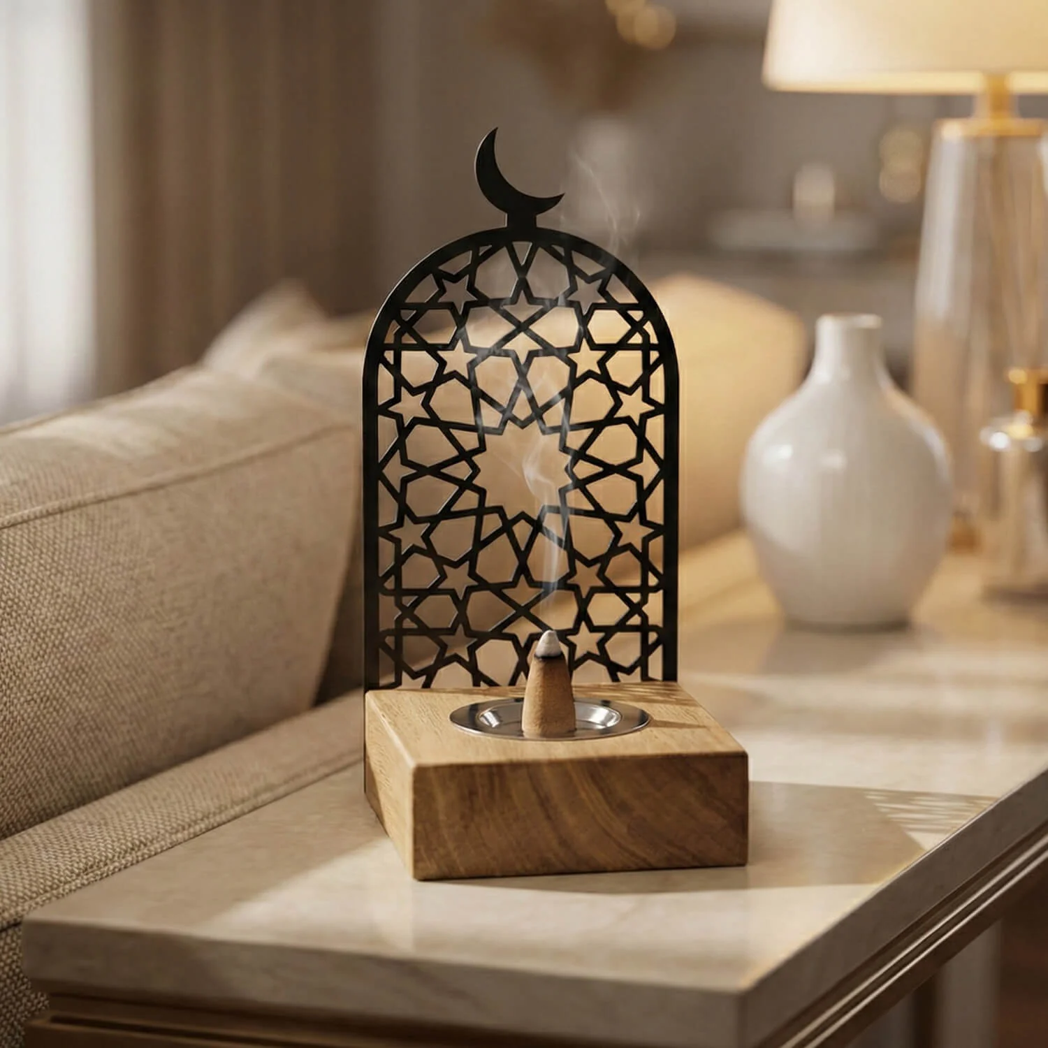 Modern Tall Mabkhara – Wooden Base Bakhoor Incense Burner - Image 2
