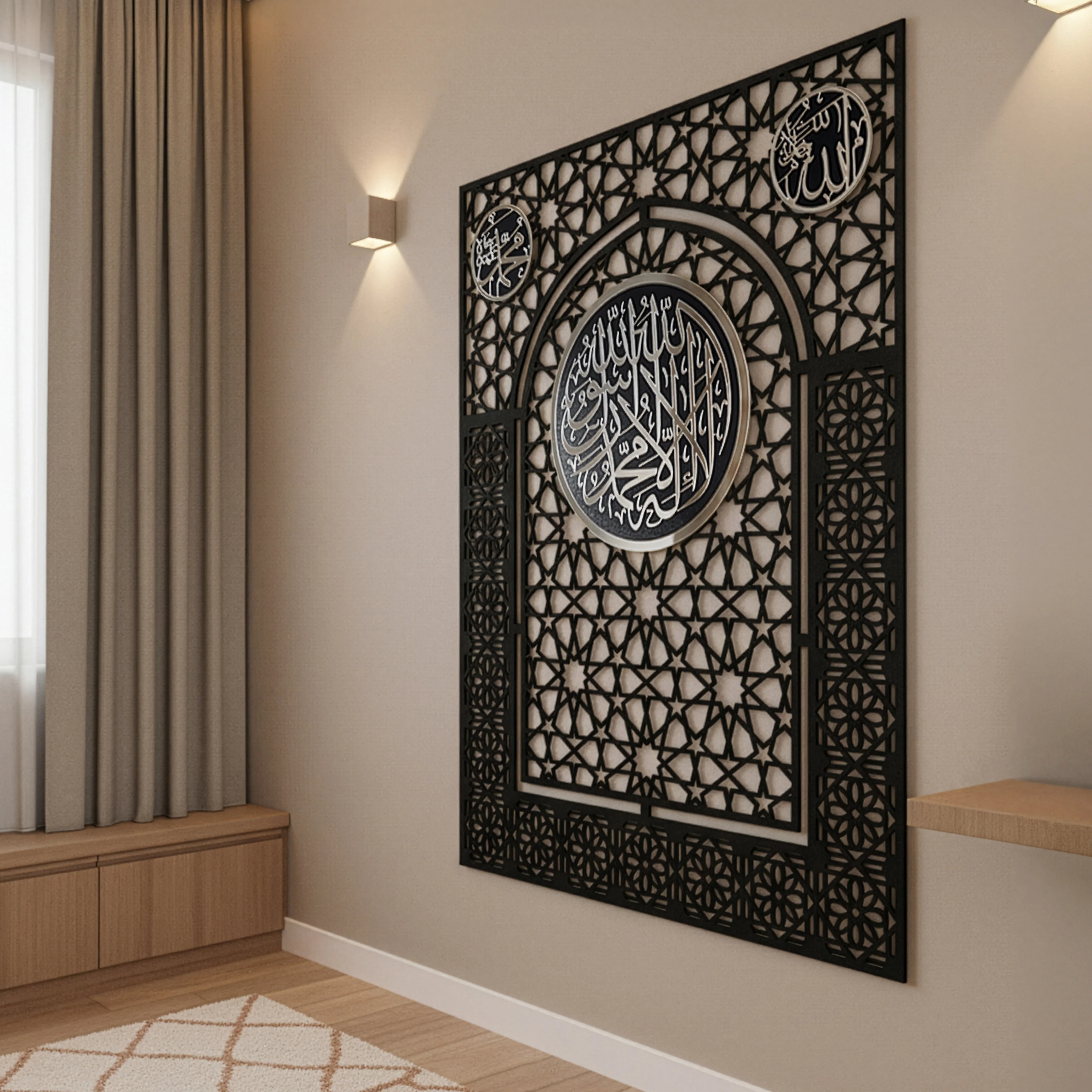Wooden Kalima Tawheed Mihrab Wall Art for Prayer Spaces - Allah&Muhammad Calligraphy Motif - Image 10