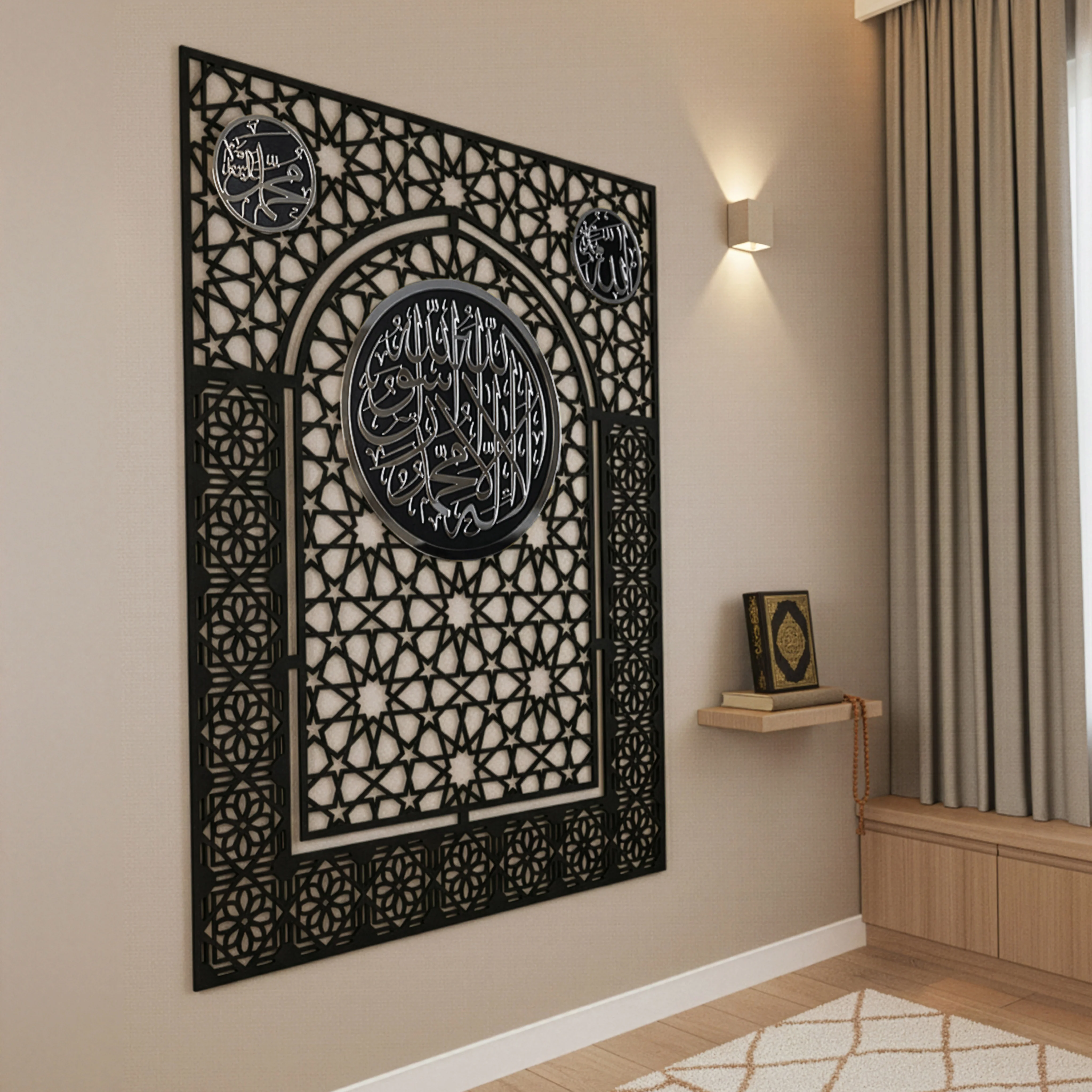 Wooden Kalima Tawheed Mihrab Wall Art for Prayer Spaces - Allah&Muhammad Calligraphy Motif - Image 11